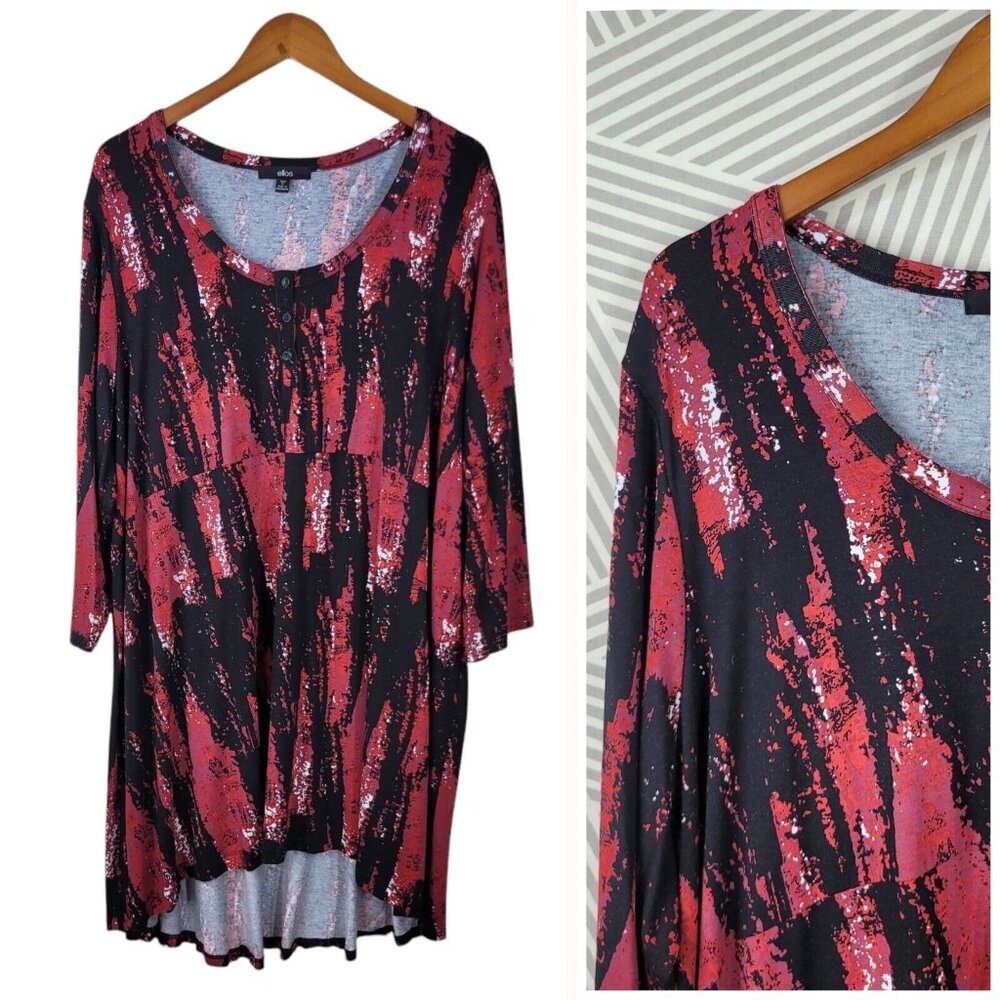 Ellos Tunic Top Plus Size 2X/3X 26/28 Red Black Stetchy Hi Low Alt Womens Long